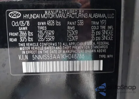 2019 Hyundai Santa Fe Limited 2.0T из США, поврежденный, VIN 5NMS53AA1KH048788